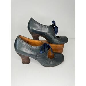 Naya Women's Blue Leather Oxford Heels Size 8M Ribbon Tie Wood Heel Retro Style
